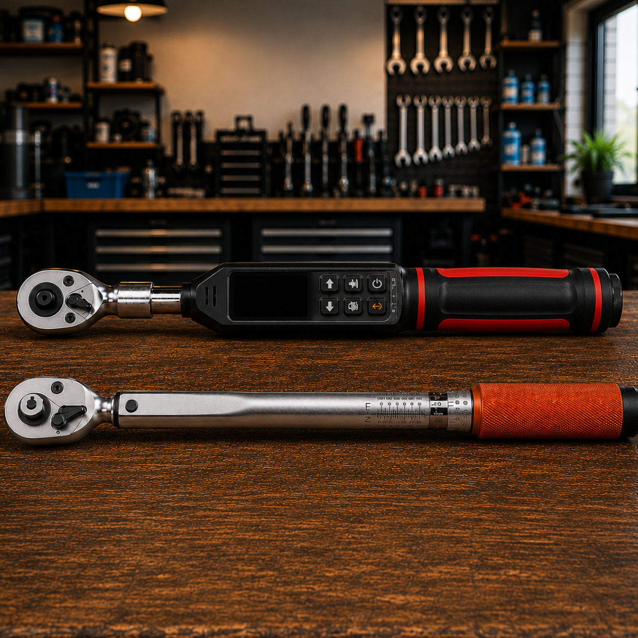 Deux clés dynamométriques dont une version électronique noire et rouge et un modèle manuel avec poignée orange, disposées sur un établi en bois dans un atelier de mécanique Image