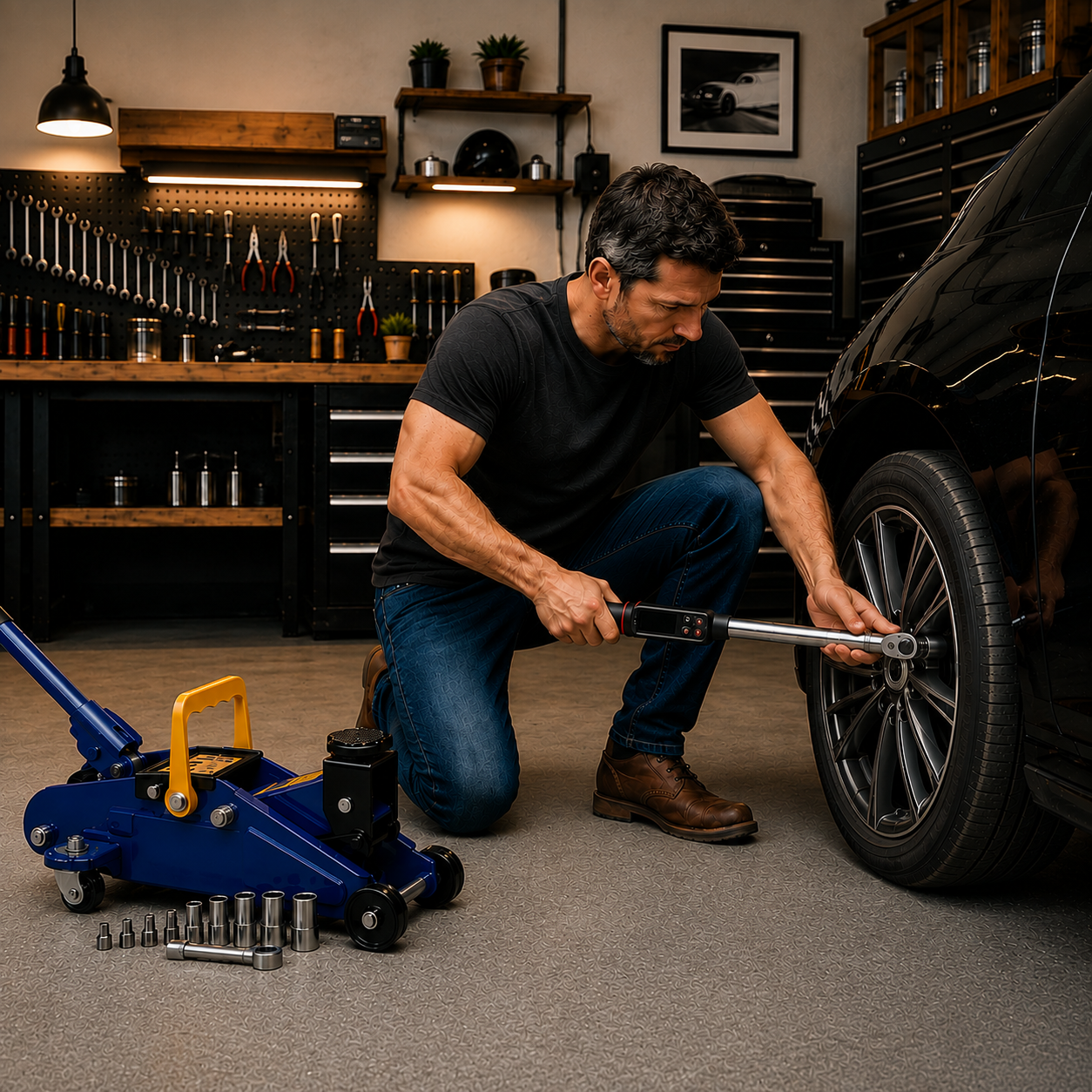 Homme utilisant une clé dynamométrique électronique pour serrer les écrous d’une roue de voiture, avec un cric hydraulique et des douilles disposés au sol dans un atelier automobile Image