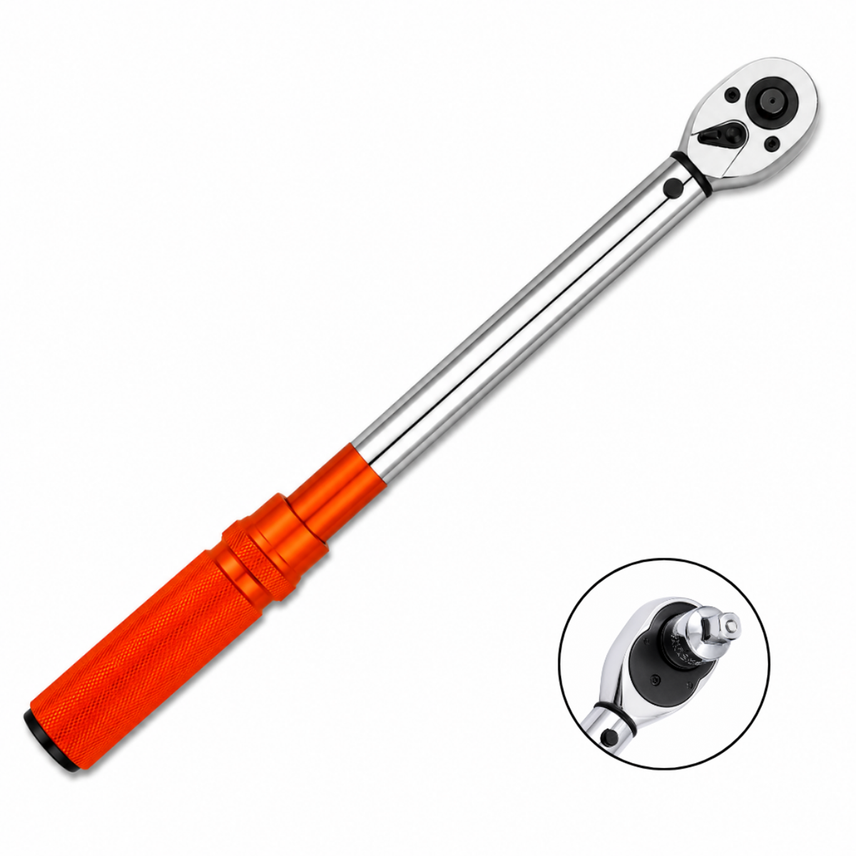 Clé dynamométrique manuelle avec poignée orange, présentée sur fond blanc, avec un zoom circulaire montrant son mécanisme de réglage