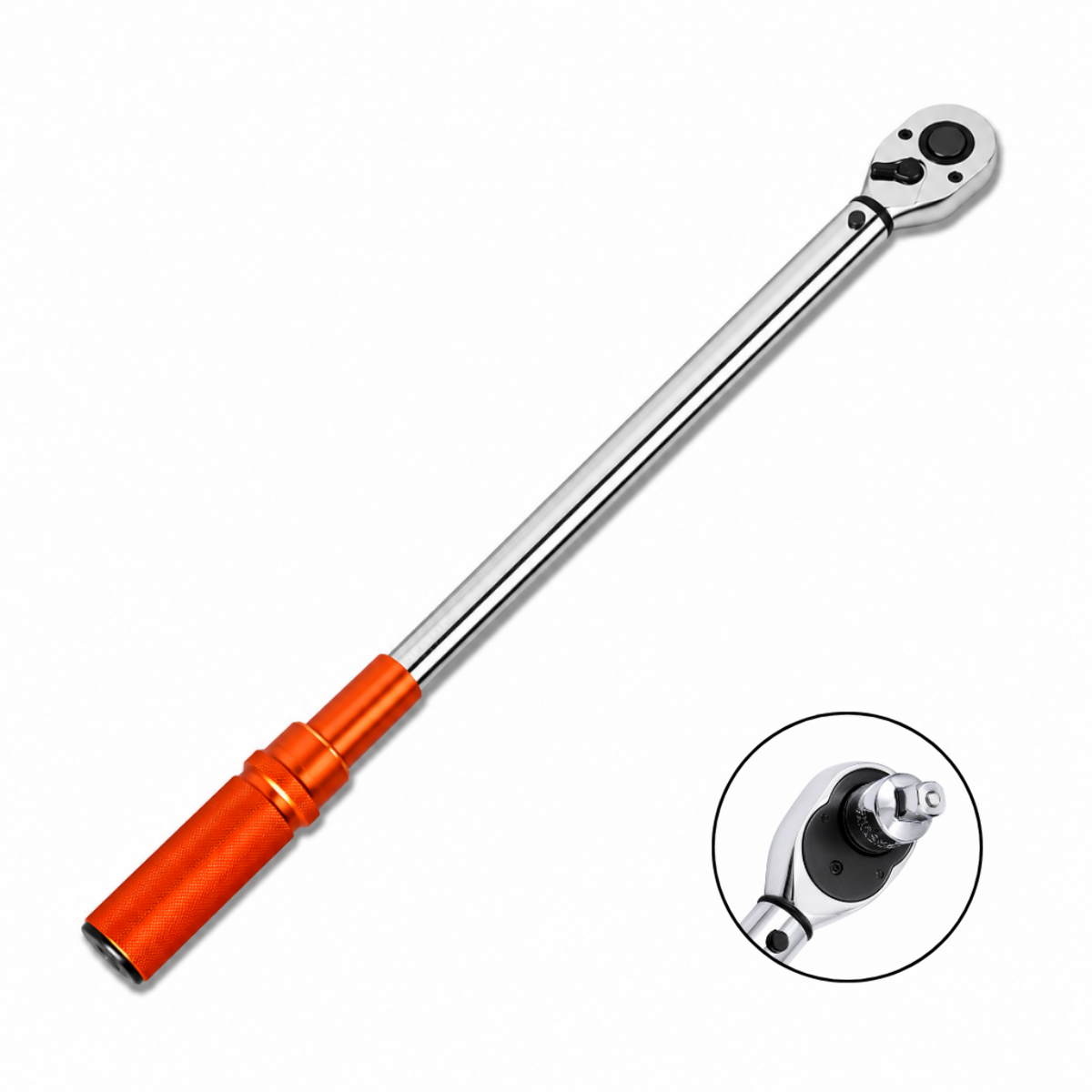 Clé dynamométrique manuelle, manche orange et tige métallique chromée avec tête à cliquet, présentée sur fond blanc