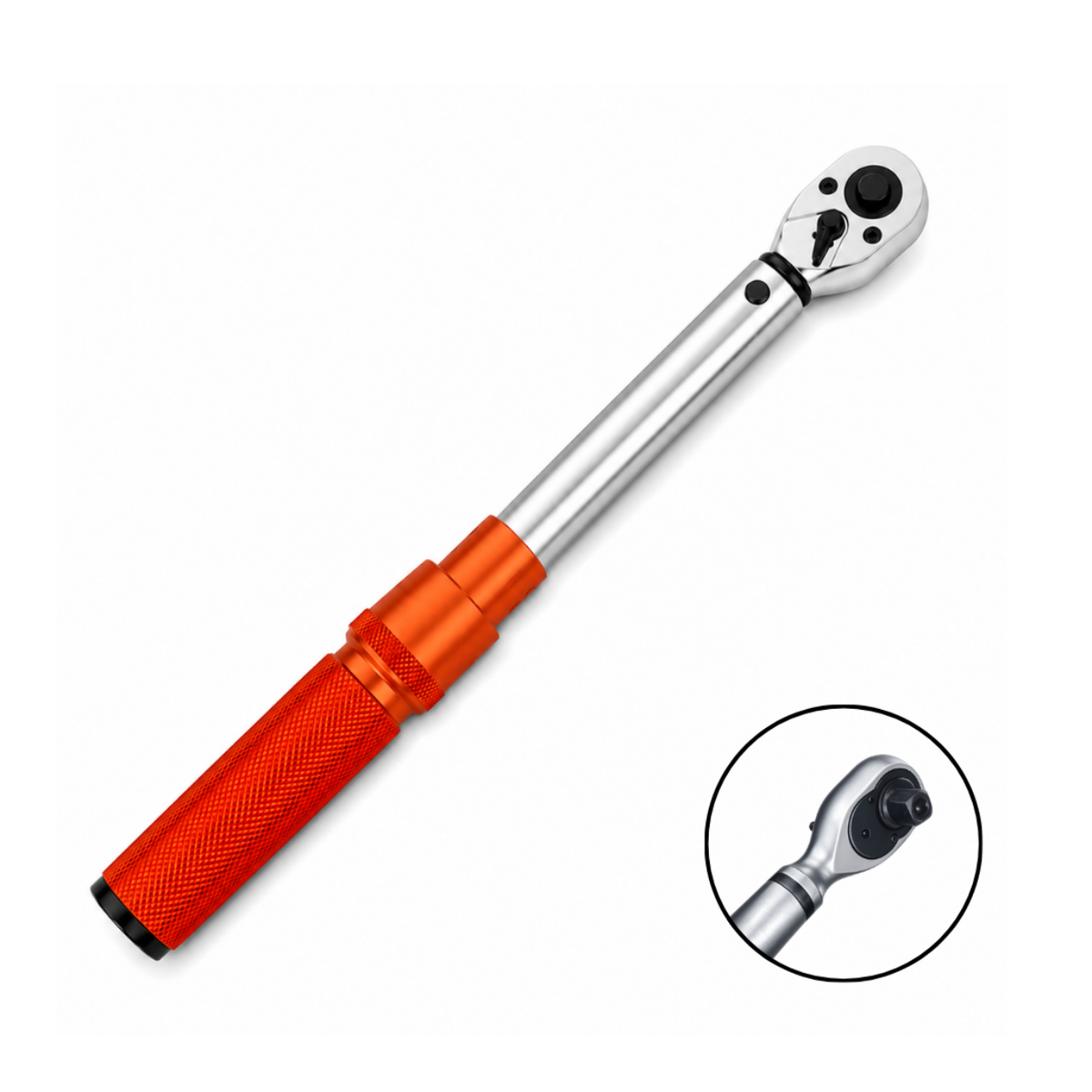 Clé dynamométrique manuelle à poignée orange 1/4" 3-27 Nm, présentée sur fond blanc, avec un zoom circulaire mettant en évidence son embout carré