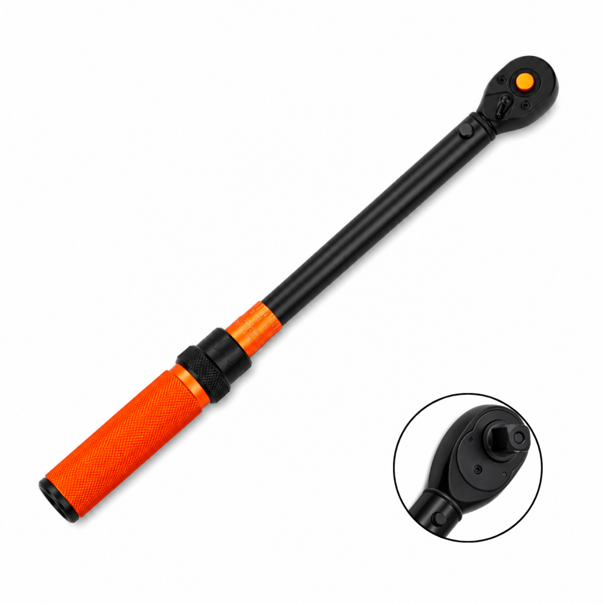 Clé dynamométrique manuelle noire et orange 3/8" 14-135 Nm, présentée sur fond blanc, avec un zoom circulaire montrant son embout carré