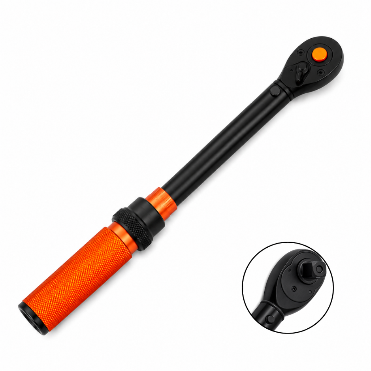 Clé dynamométrique manuelle noire et orange 3/8" 5-60 Nm, présentée sur fond blanc, avec un zoom circulaire montrant son embout carré