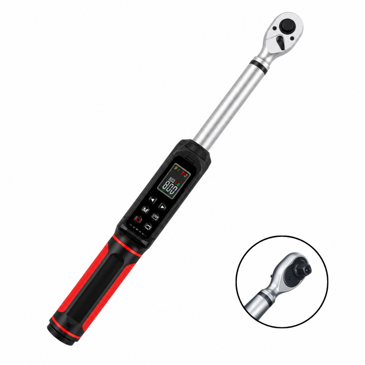 Clé dynamométrique électronique Atelier Valtis 1/2" 135 Nm présentée seule sur fond blanc, avec écran numérique intégré et vue rapprochée de la tête à cliquet