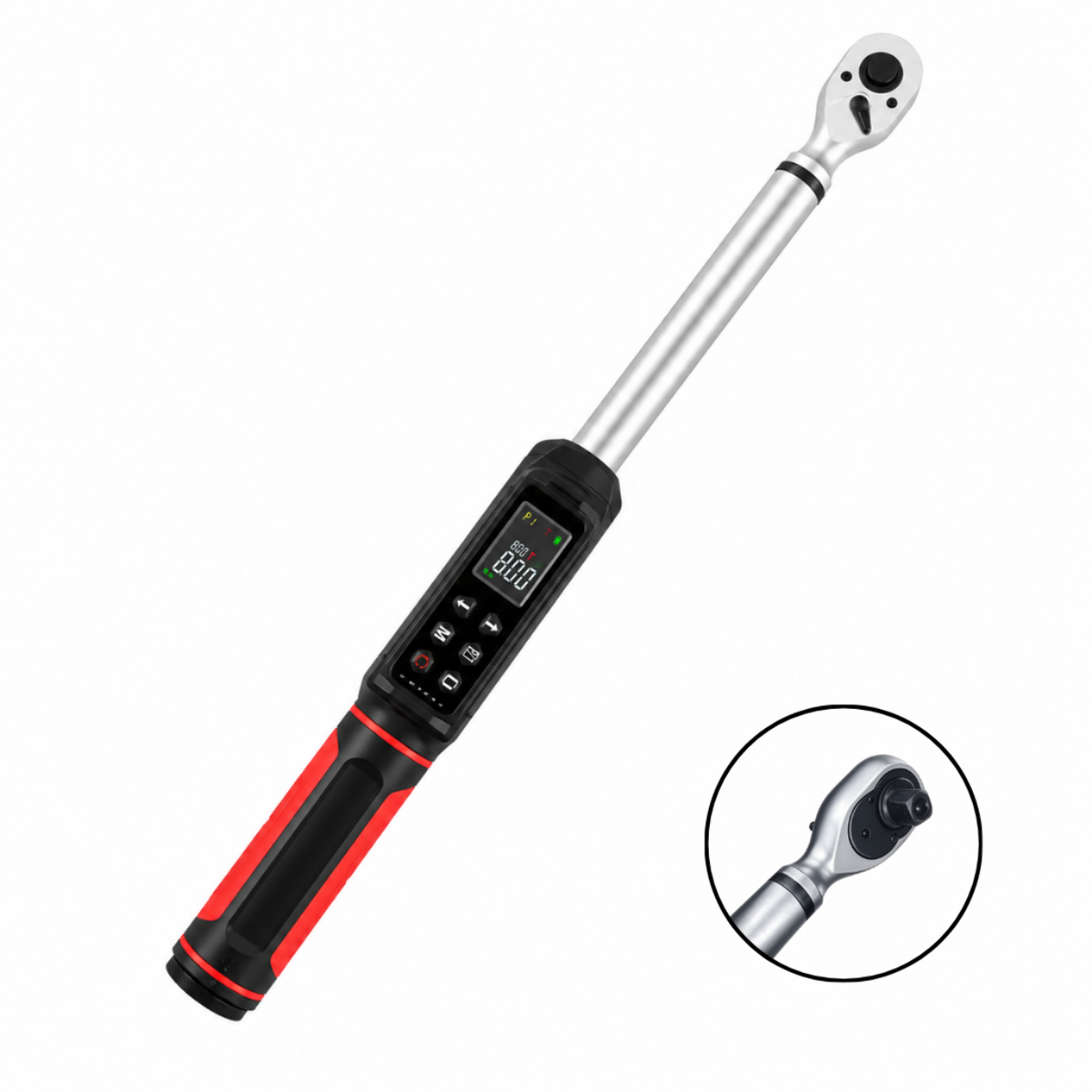 Clé dynamométrique électronique Atelier Valtis 1/2" 200 Nm, de finition noire, rouge et argentée, présentée en diagonale sur fond blanc avec un encart illustrant sa tête à cliquet