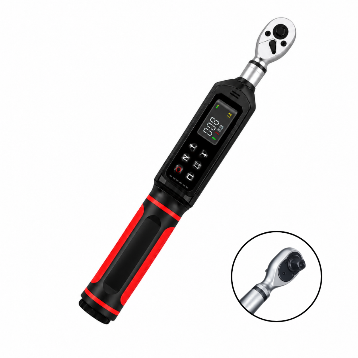 Clé dynamométrique électronique Atelier Valtis 1/4" 30 Nm avec poignée ergonomique noire et rouge, écran de réglage intégré et vue détaillée de la tête à cliquet, isolée sur fond blanc