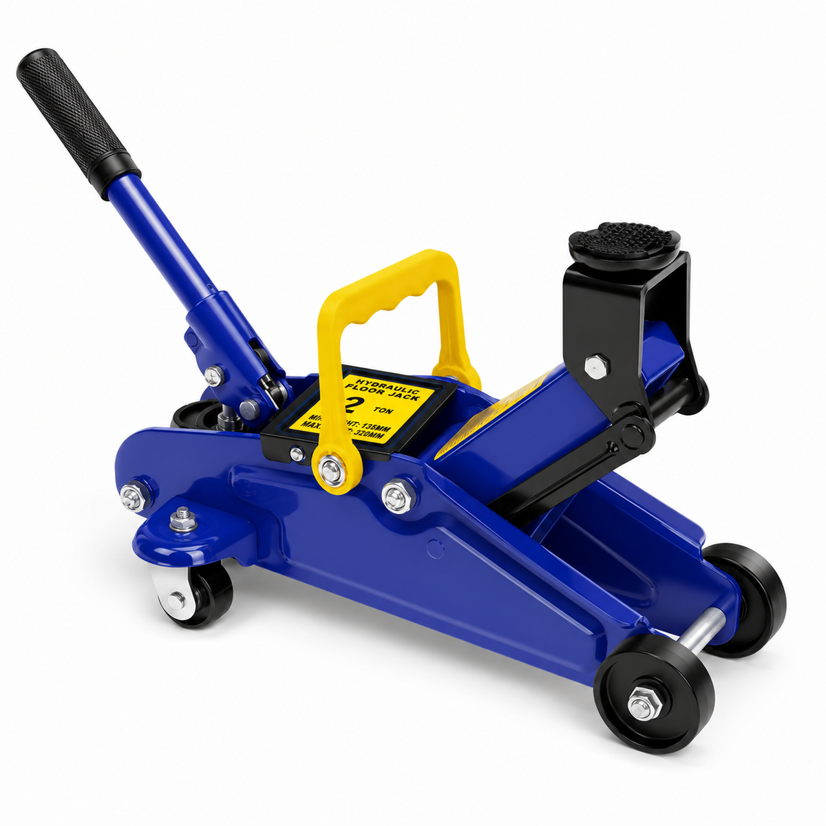 Cric hydraulique roulant Atelier Valtis bleu et jaune, avec poignée de levage et plateau de support, présenté sur fond blanc