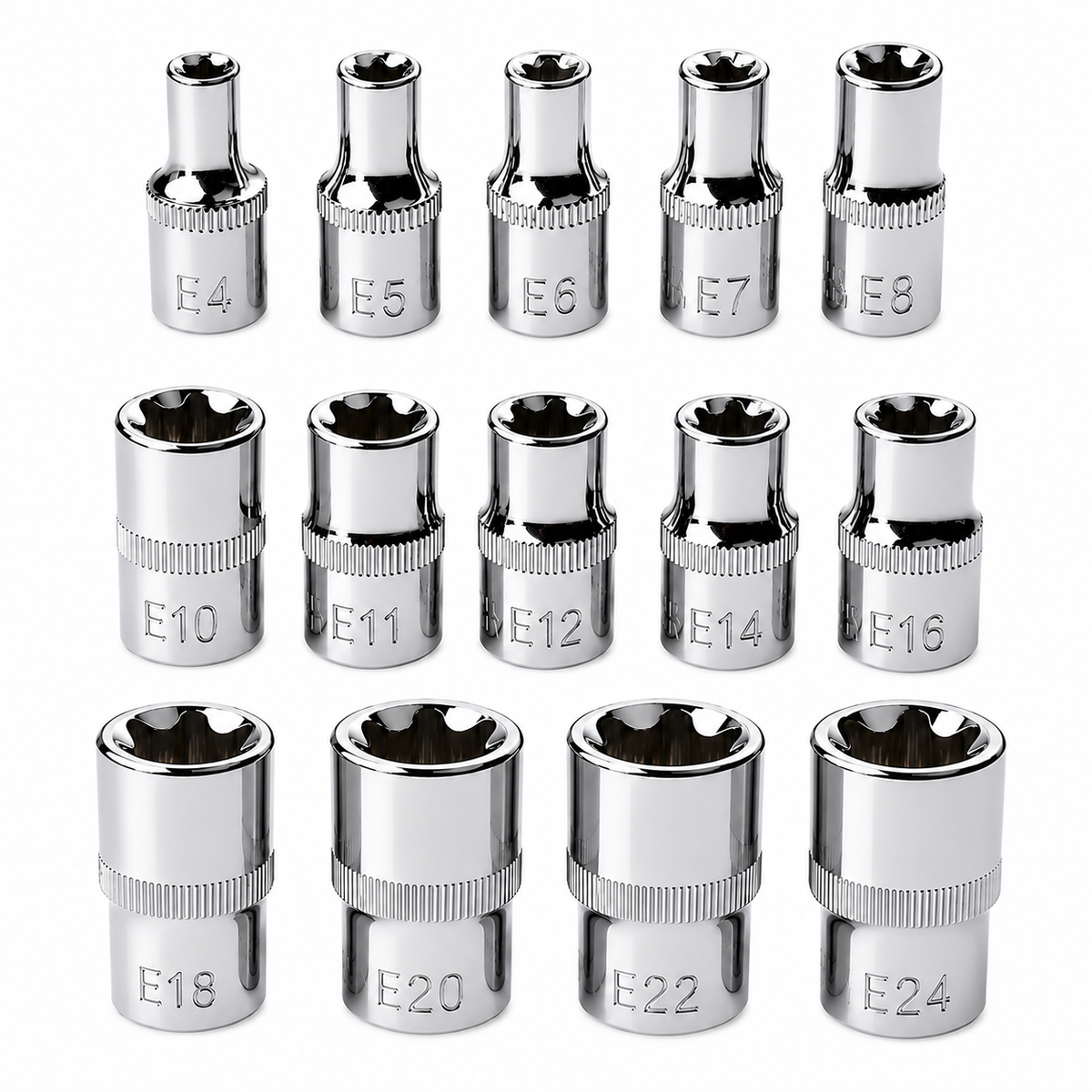 Jeu de 14 douilles Torx femelles Atelier Valtis, de tailles E4 à E24, disposées sur fond blanc